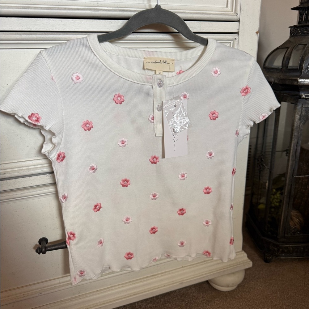 White Ribbed Short Sleeve Top with Pink Floral Embroidery